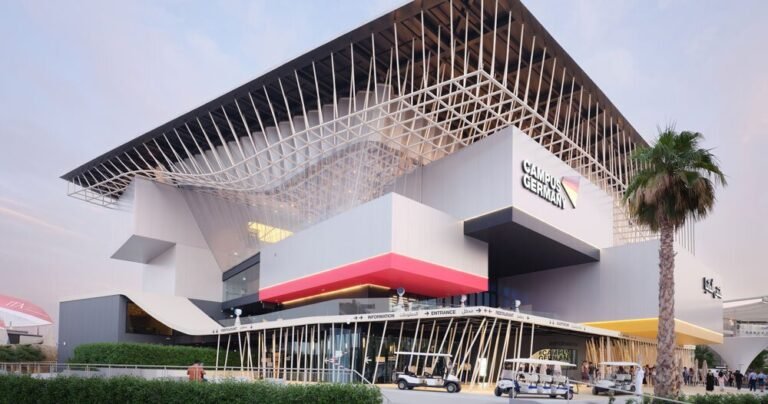 immersive cubes float in a forest of columns at expo 2020 dubai’s german pavilion