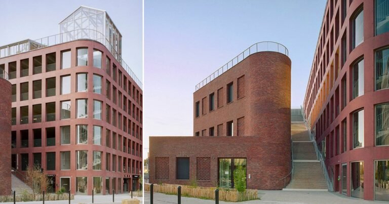 red brick and colored concrete unify raum’s mixed-use building in nantes