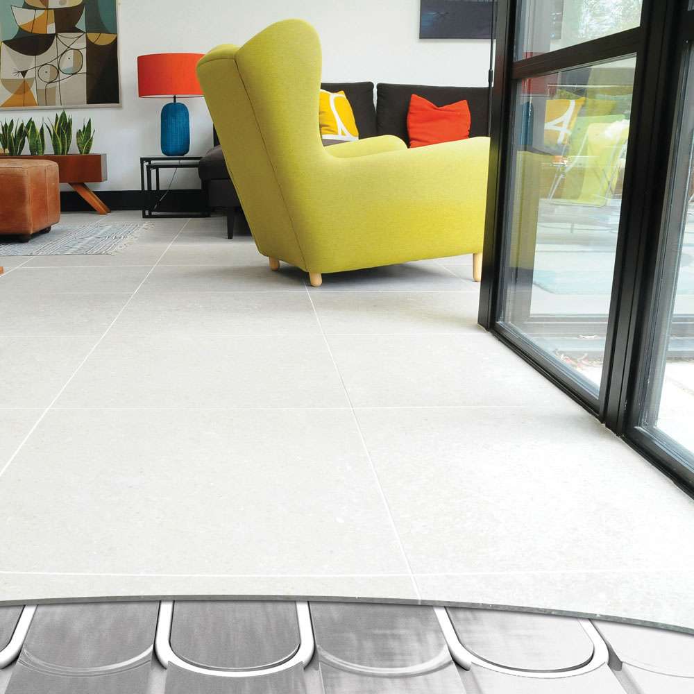 Living room with underfloor heating under tiled floor