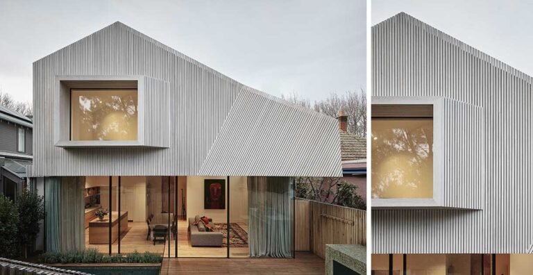 Angular Wooden Slats And A Projecting Window Create A Distinctive Exterior Design For This Residence Addition