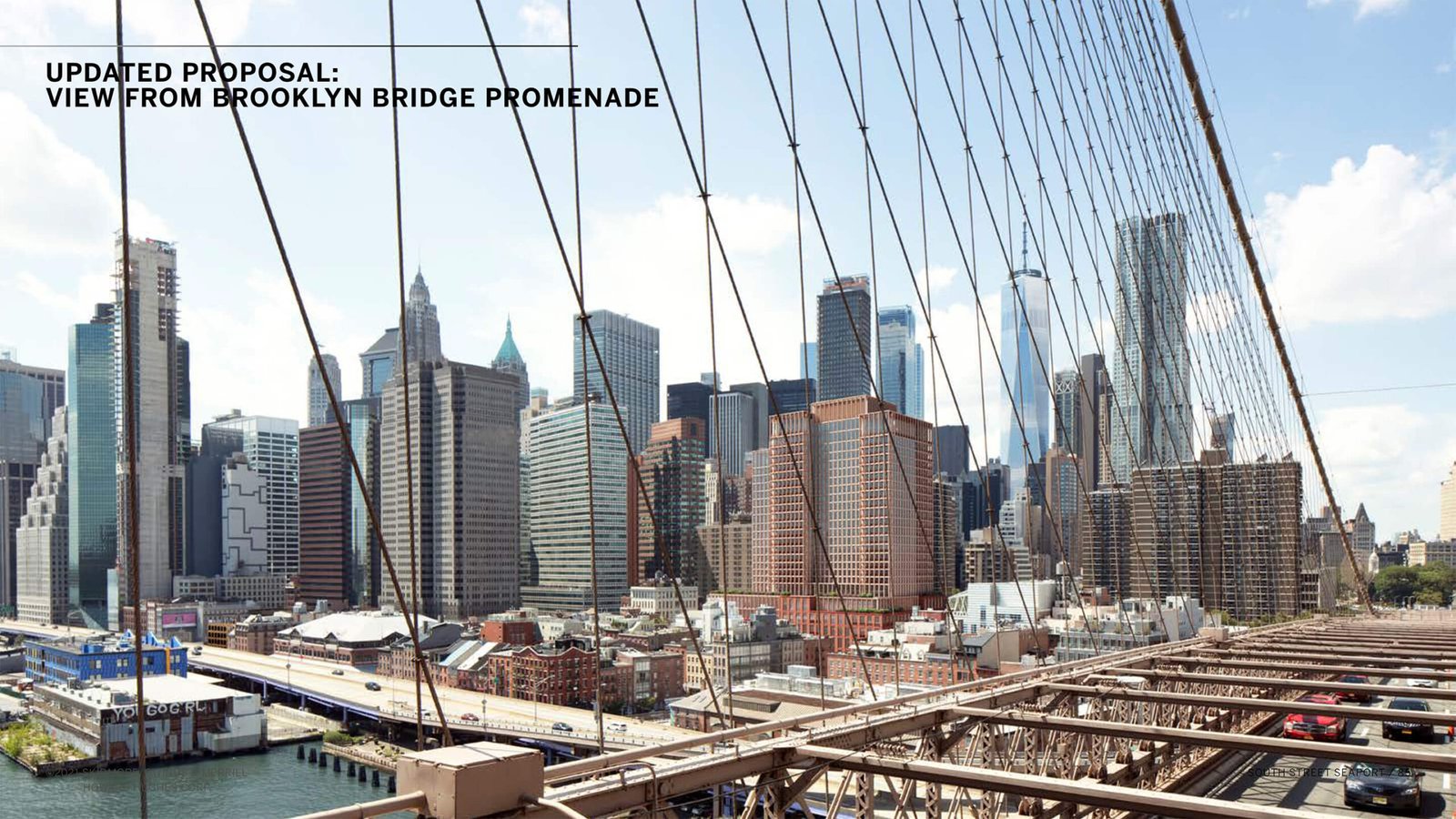 شريحة تظهر 250 شارع مائي ، برج قرفصاء على قاعدة مقابل أفق مانهاتن