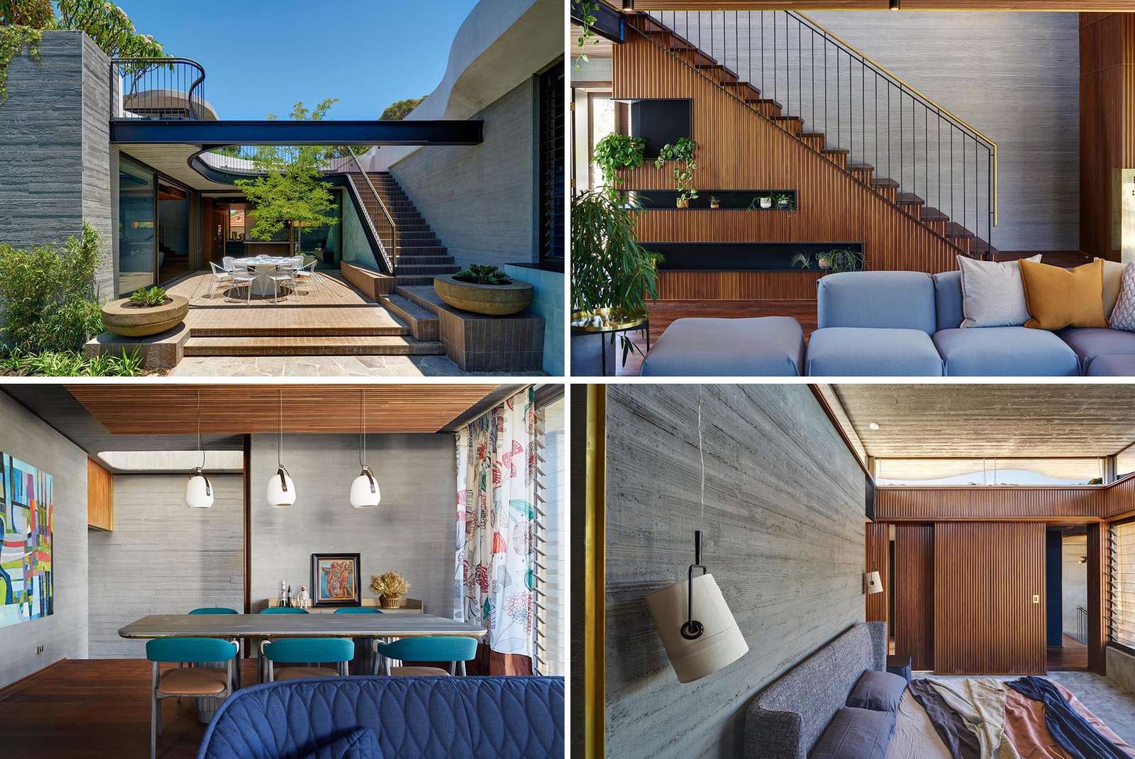 يشتمل المنزل الحديث المصنوع من الخرسانة المشكلة على لمسات من النحاس الأصفر والخشب.