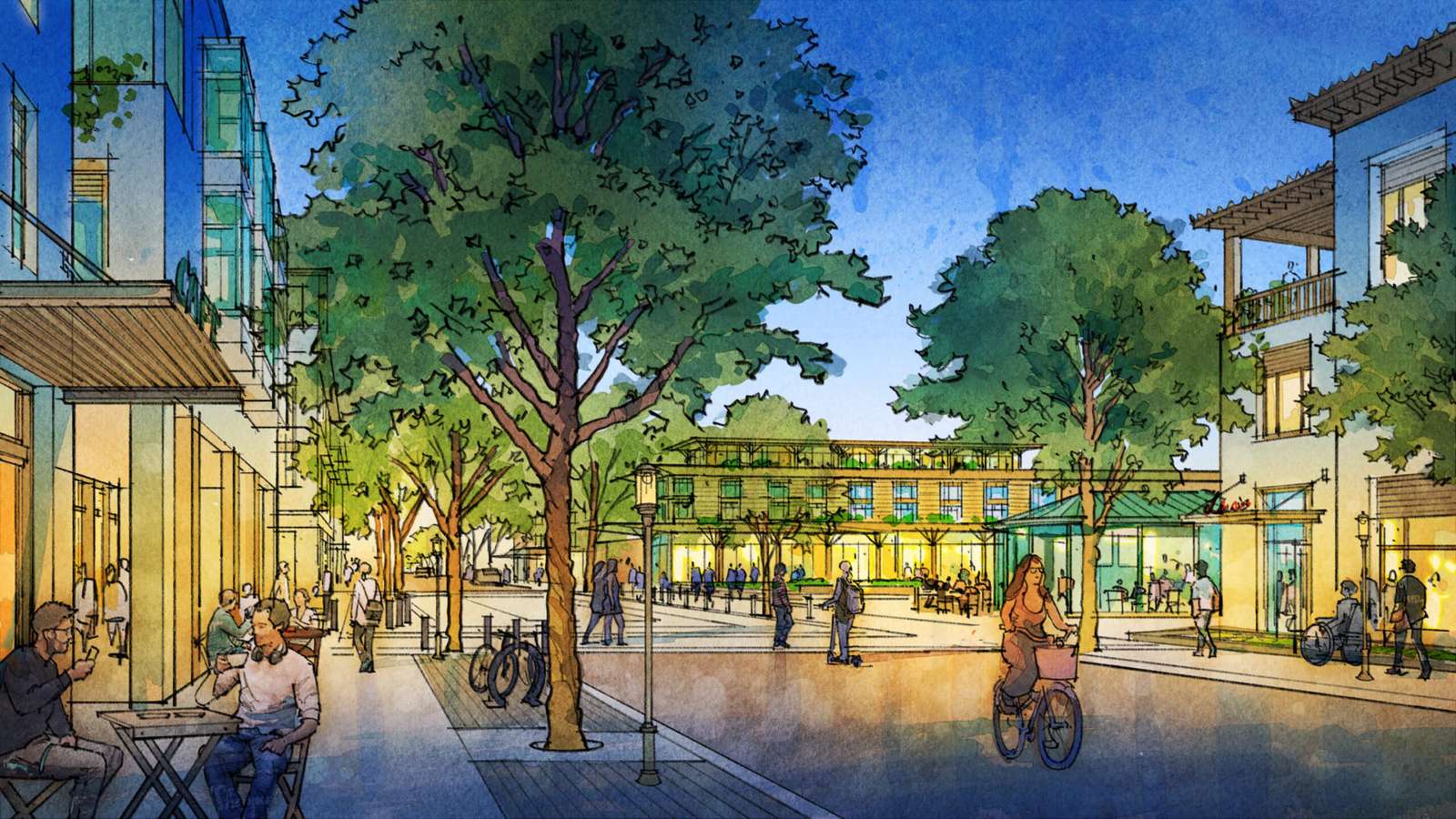 عرض بالألوان المائية لشارع مشاة مزدحم