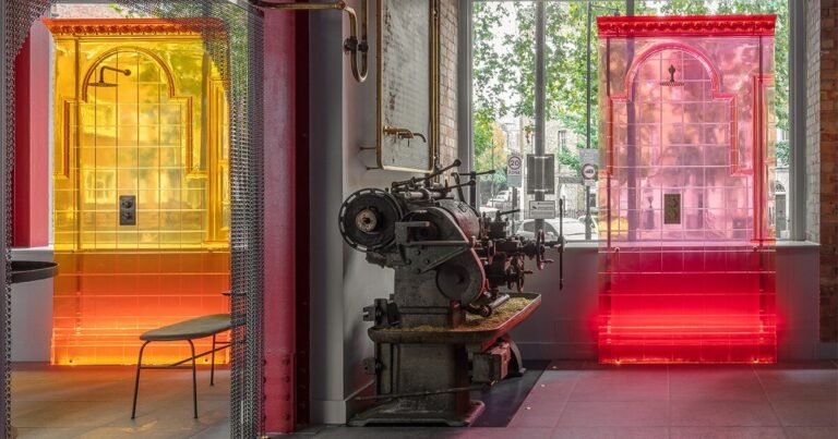 chimneys, boilers and brightly coloured resin panels full london showroom by holloway li
