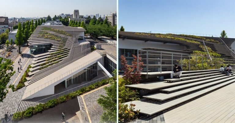 kengo kuma encloses this underground pupil heart with a fluid inexperienced roof