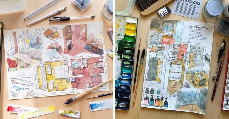 artist kei endo accurately details japanese hotel rooms with watercolor and gel pens