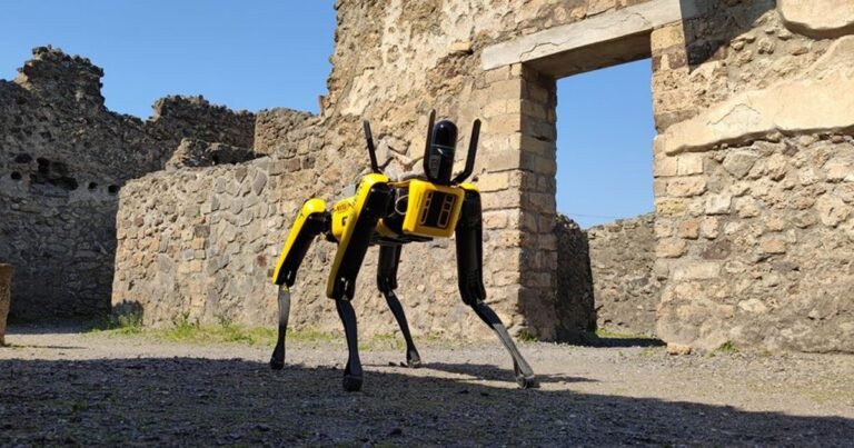 boston dynamics’ dog robot SPOT sniffs out to guard the ruins of pompeii