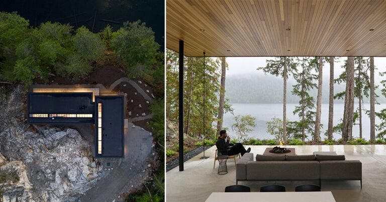W O V E N perches L-shaped retreat above pristine lake in BC canada