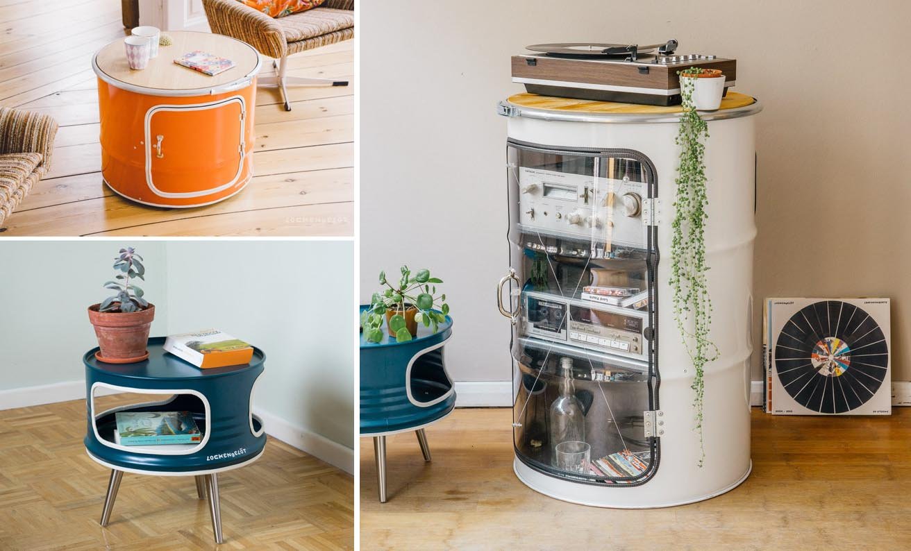 الأثاث الحديث مثل طاولات القهوة ووحدات الأرفف المصنوعة من براميل الزيت.