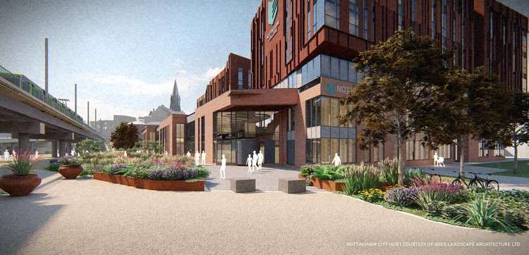 لماذا تتخلص شركات هندسة المناظر الطبيعية من 2D CAD ، Nottingham City Hub.  الصورة بإذن من Ares Landscape Architects Ltd.