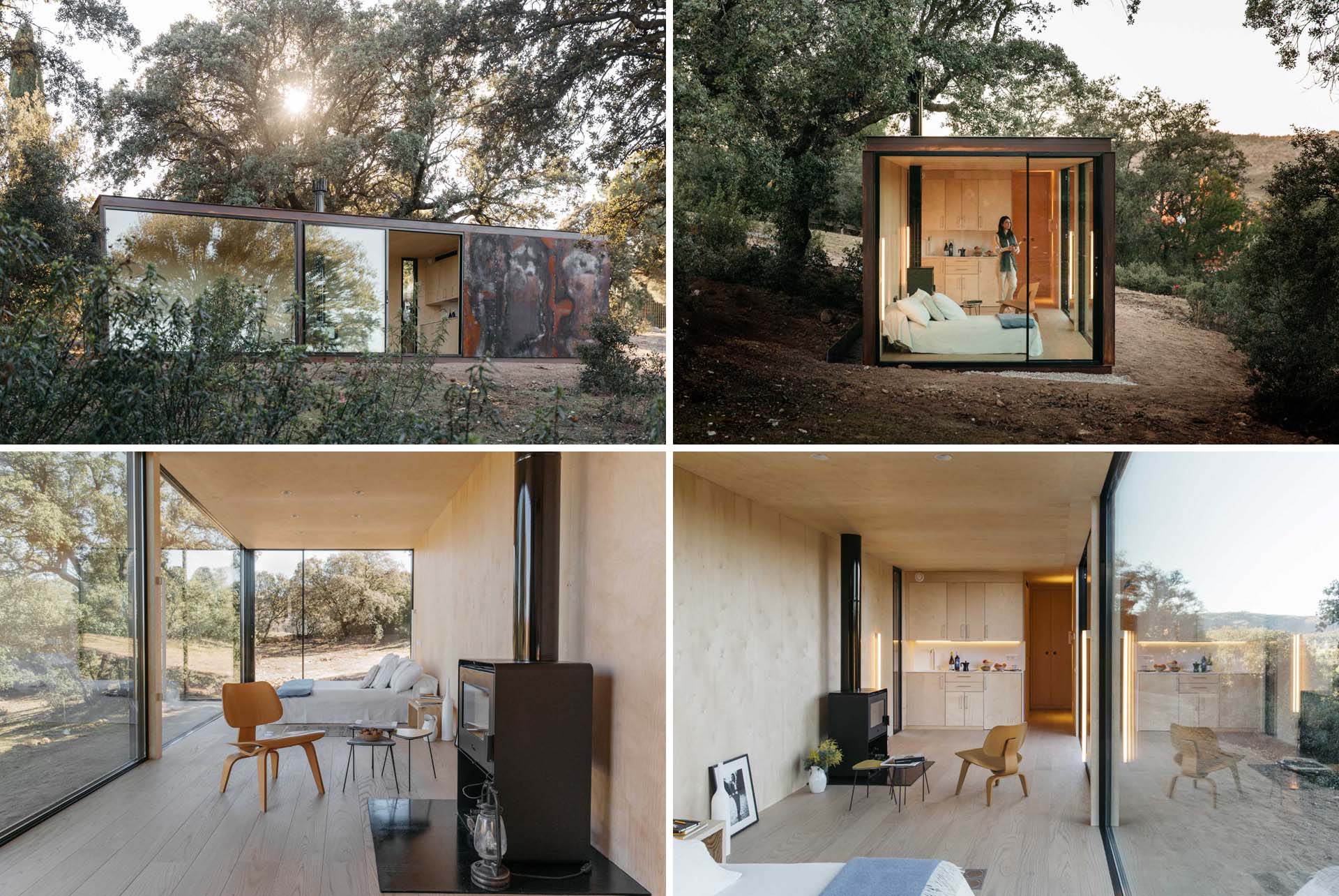 يتناقض السطح الخارجي المصنوع من الفولاذ المقاوم للعوامل الجوية لهذا المنزل الصغير الحديث مع الخشب الدافئ للداخل.