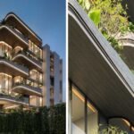 Lighting Is Used To Highlight The Rounded Balconies Of This Building