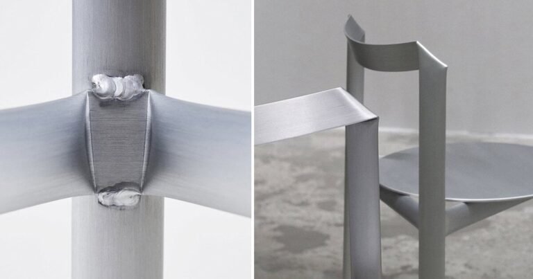 ximi li intricately folds slender aluminum tubes for MONOCHROME basic furniture series