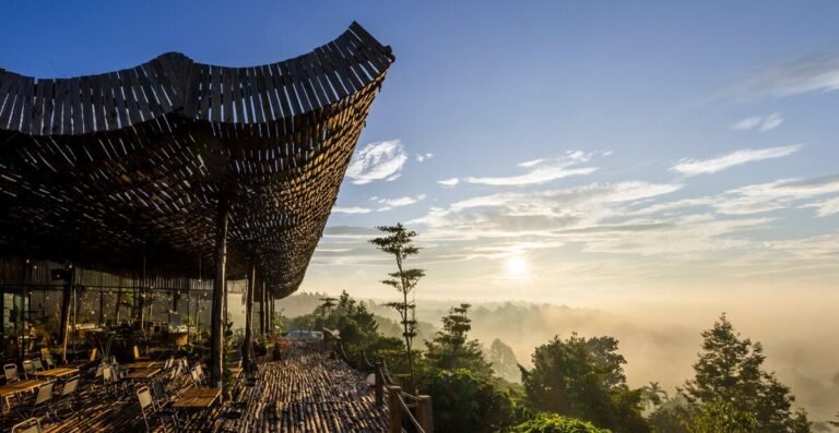 perforated wooden roof drapes over outdoor café in vietnamese rural landscape