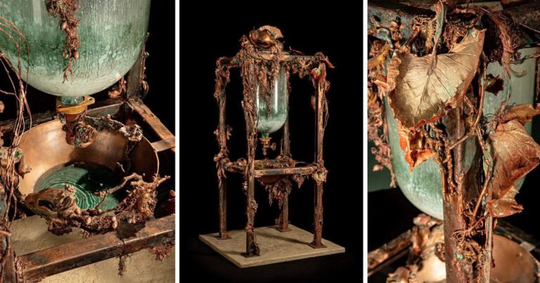 lab parts, plumbing objects and organic forms shape aquatopia drinking fountain