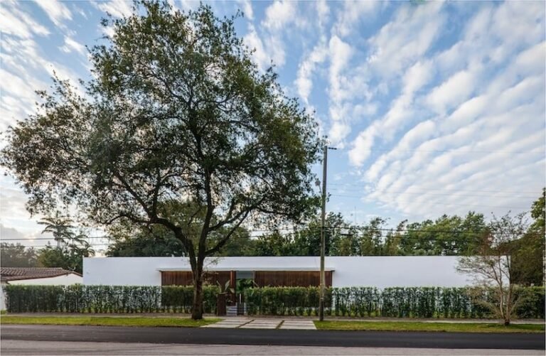 minimalist elongated casa pompei expands on narrow plot in historic miami enclave