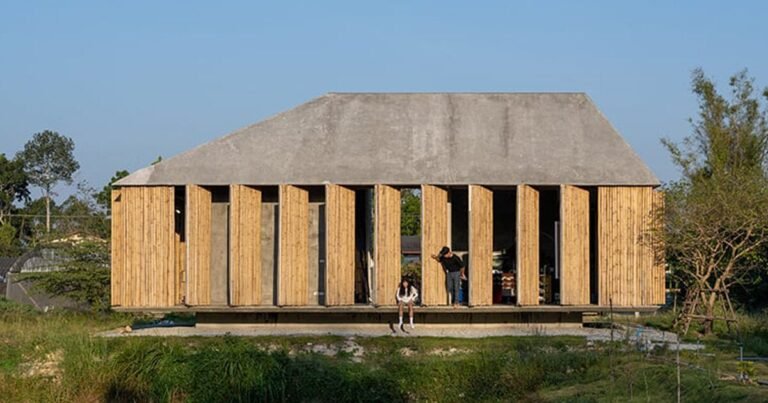 bamboo battens and discarded concrete spacers envelope art studio in thailand