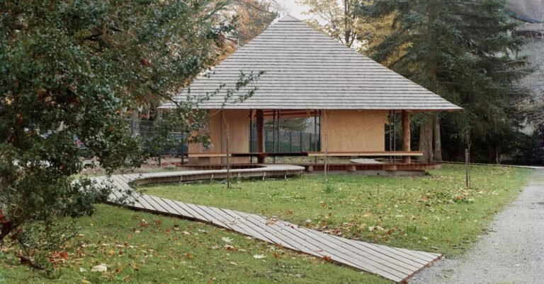 charly jolliet’s umbrella-shaped canopy in switzerland spotlights traditional wood cladding