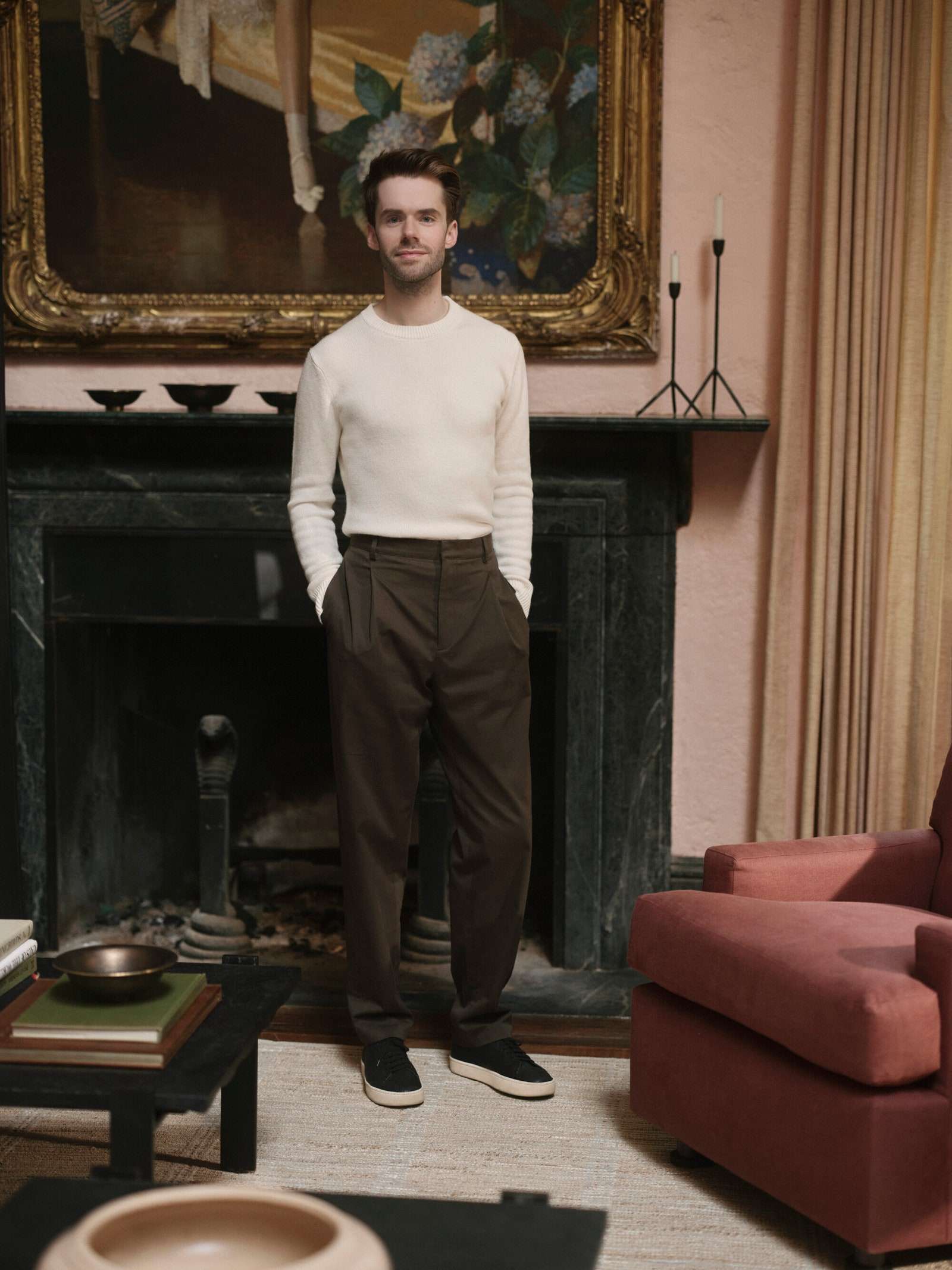 The designer and author in the former home of Gertrude Vanderbilt Whitney where the collection was shot.