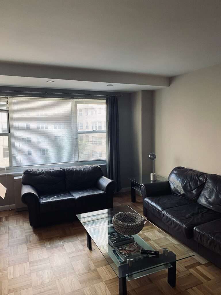 BEFORE The fullgut project included swapping out the dated parquet flooring for white oak planks.