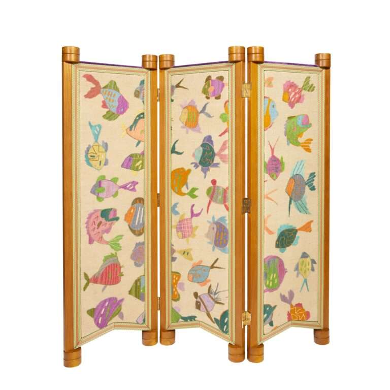 Canvas threepanel screen adorned with multicolored fish pattern