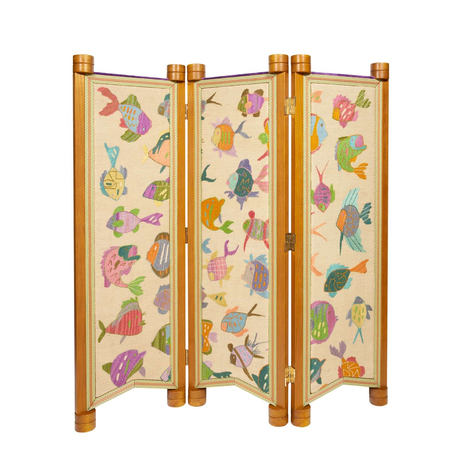 Canvas threepanel screen adorned with multicolored fish pattern