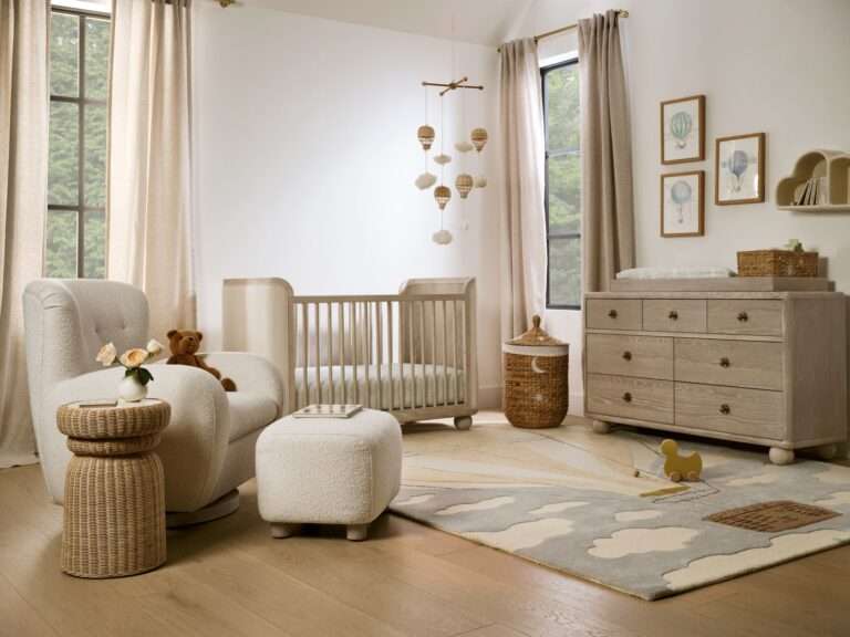 The Swivel Glider Sphere Foot Crib and Sphere Foot Dresser make for a stylish and functional baby room.