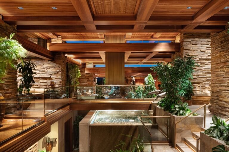 Wood ceiling stone walls