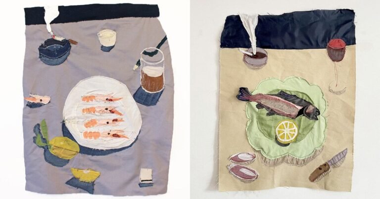 andrew scott weaves still life tapestries from scraps of satin, rain jackets, and velour  