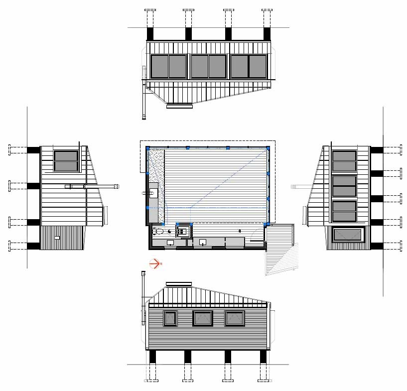 Architectural drawings for a modern cabin.