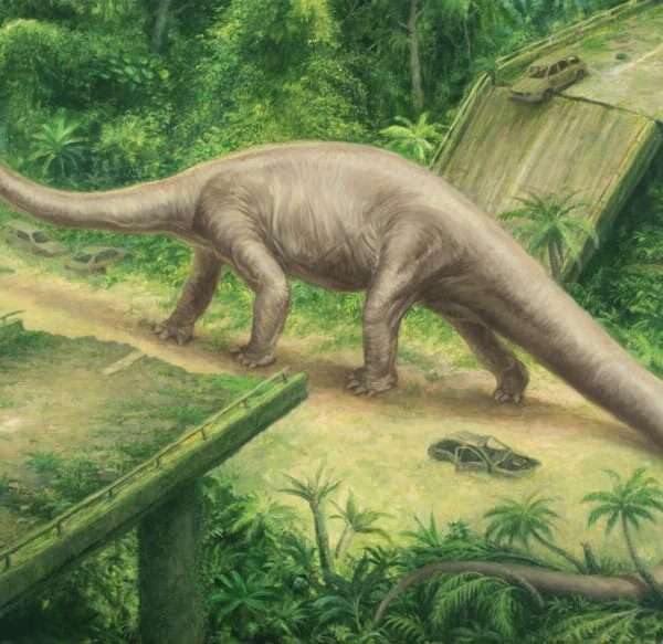 a Brachiosaurus stands inbetween two sides of a crumbled and abandoned highway