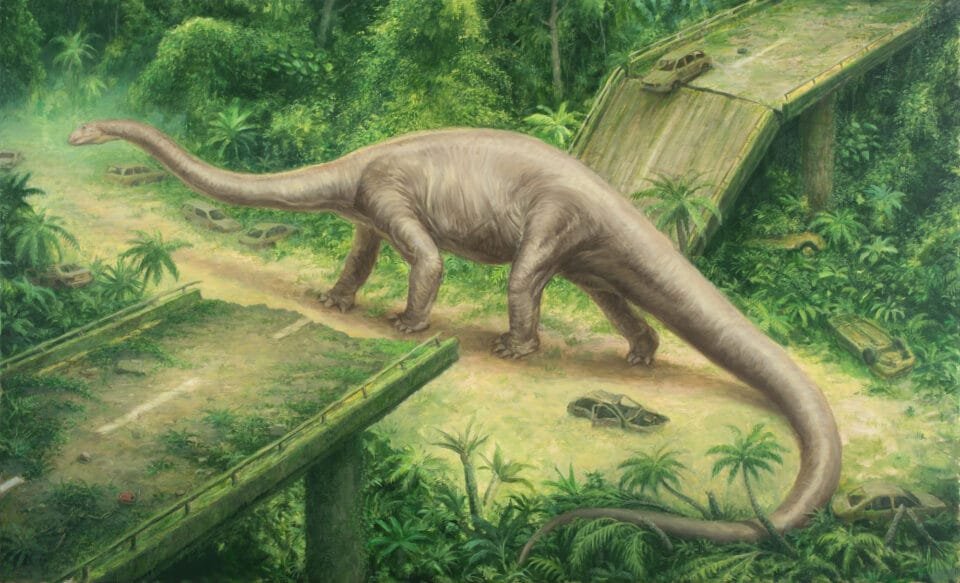 a Brachiosaurus stands inbetween two sides of a crumbled and abandoned highway