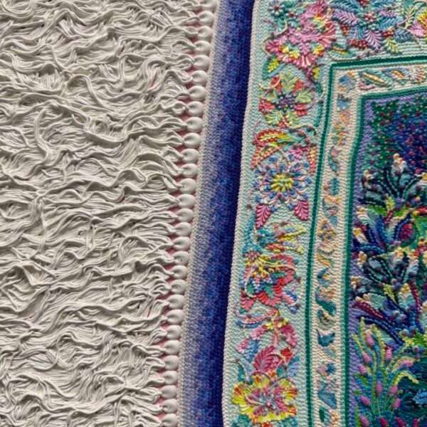 a detail of a hyperrealistic oil painting of a crinkled ornamental carpet fringe