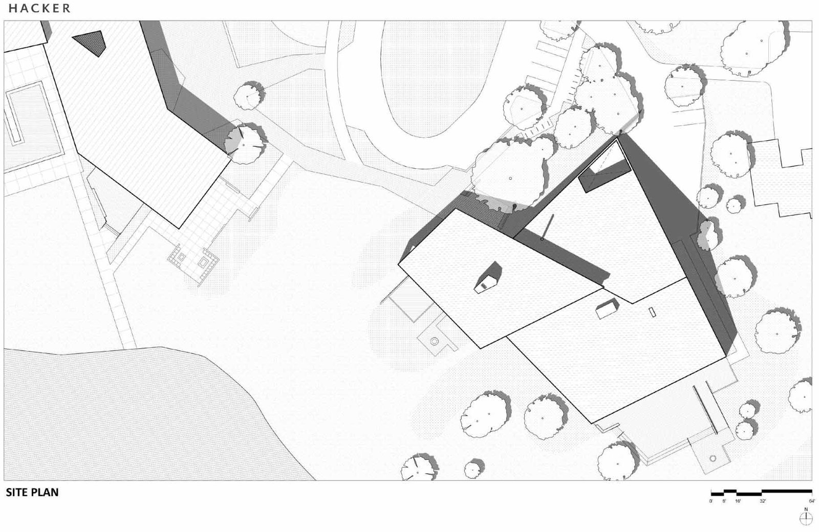 Architectural drawing of a modern ranch lodge.