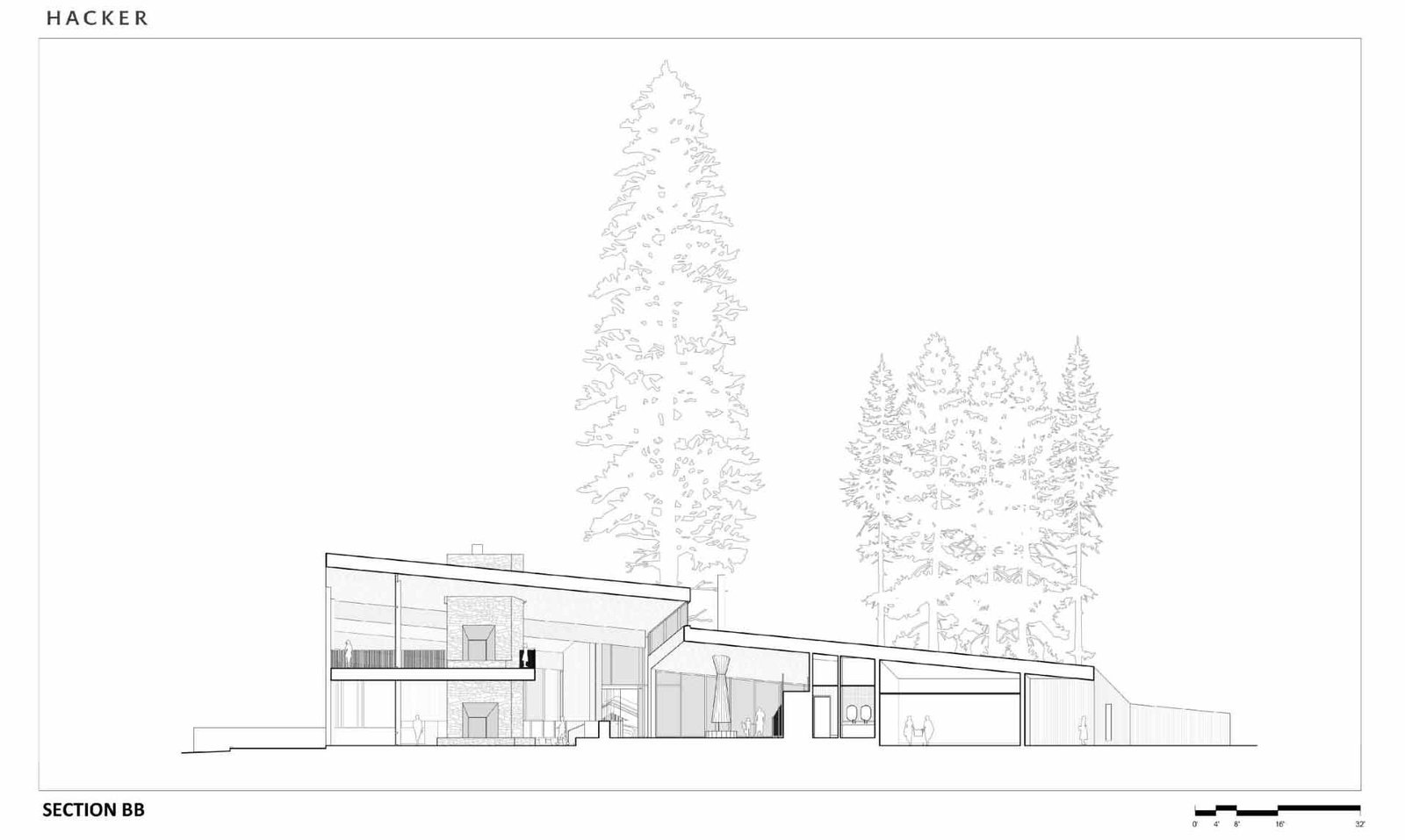 Architectural drawing of a modern ranch lodge.