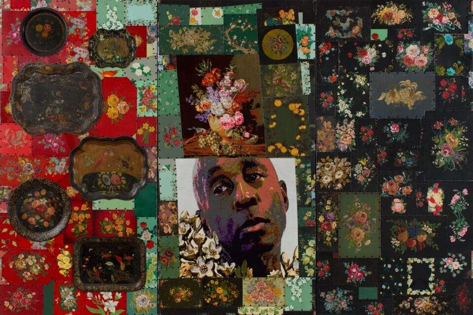 a multi panel work with a portrait of a black man, sculptural florals, and a background of floral decorated serving trays