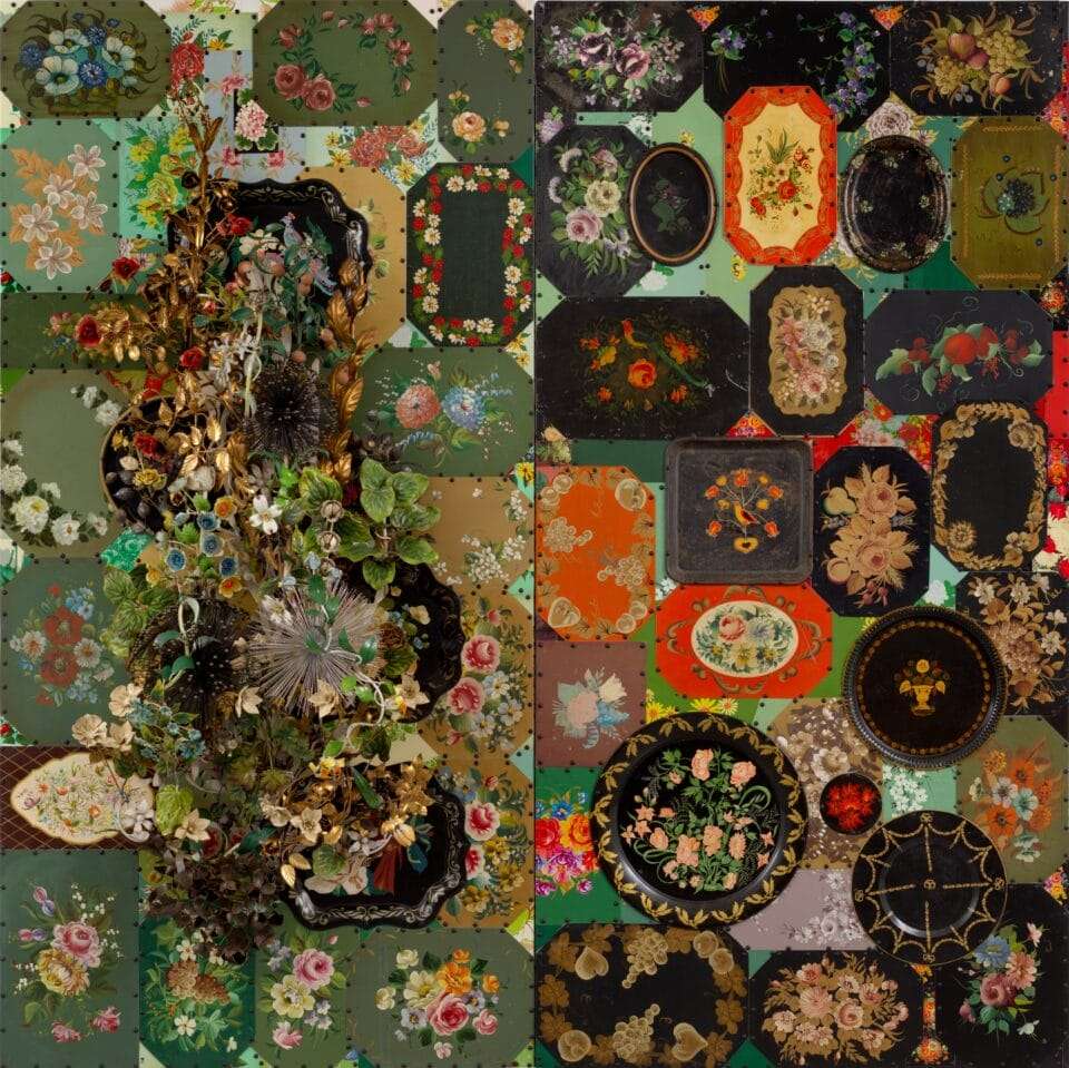 a multi panel work with sculptural florals and a background of floral decorated serving trays