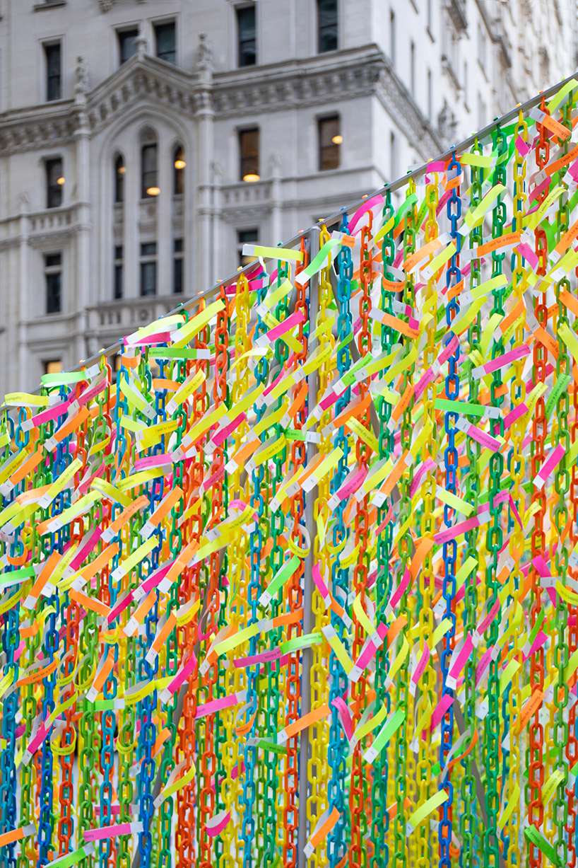 fluorescent wish ribbons coat hou de sousa's interactive pavilion in new york