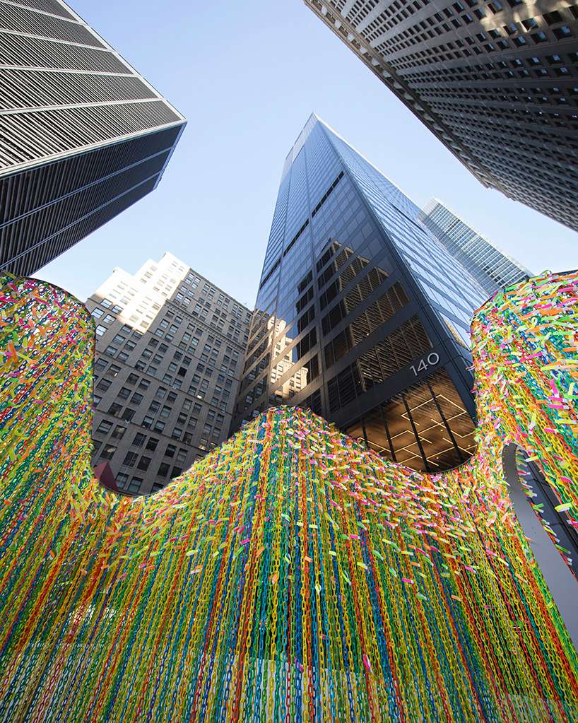 fluorescent wish ribbons coat hou de sousa's interactive pavilion in new york