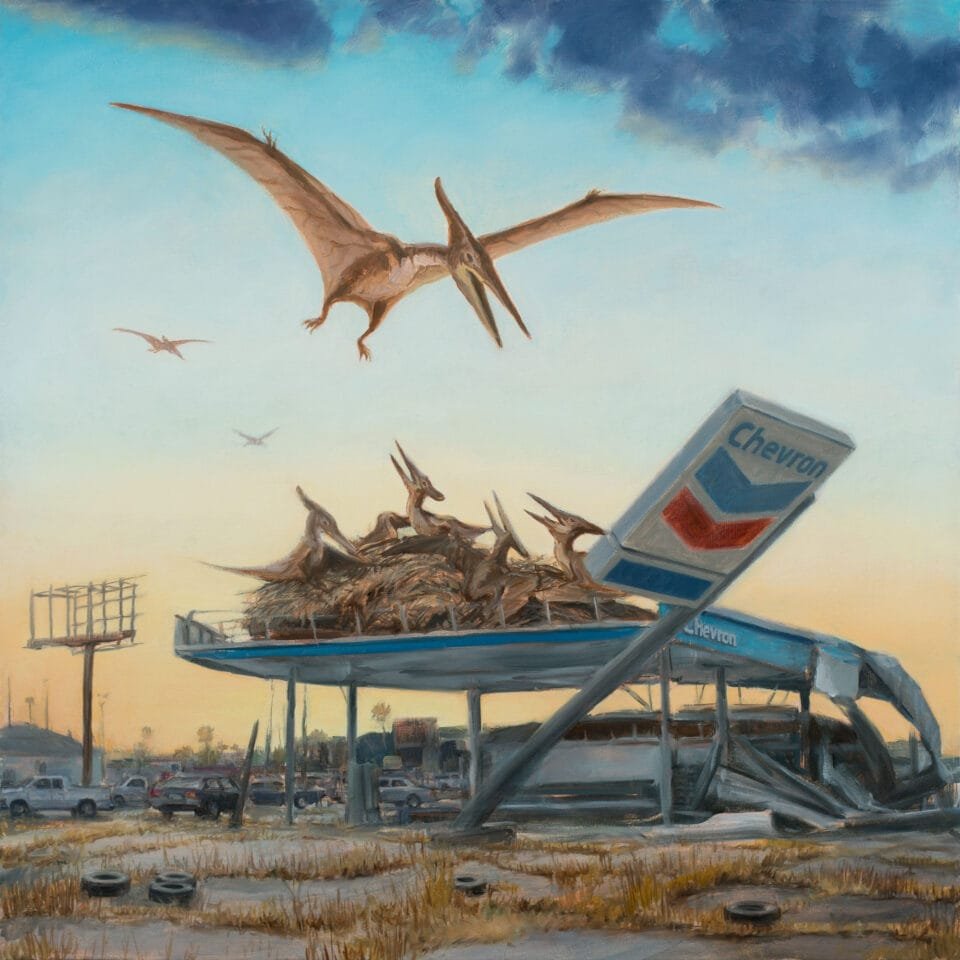 Pterodactyls swarm the crumbling roof of an abandoned Chevron gas station