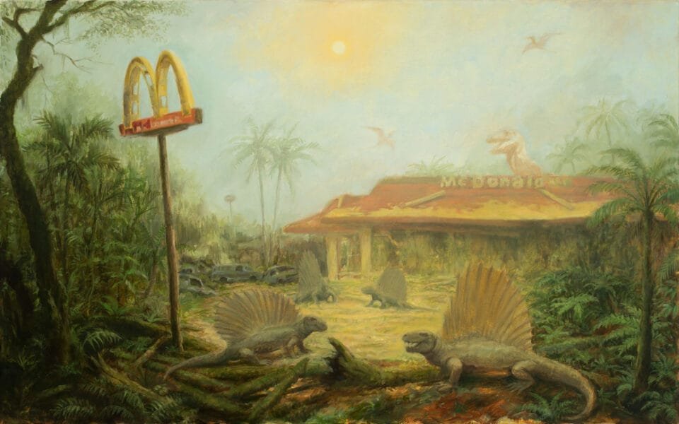 Four Dimetrodons explore the area outside of an abandoned McDonald's restaurant