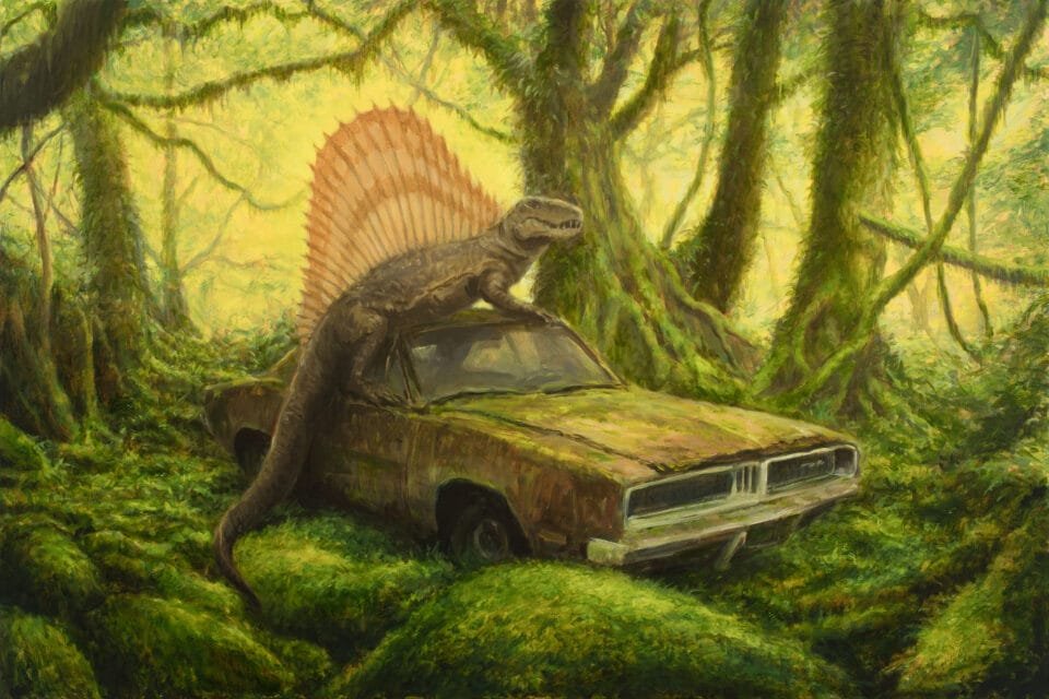 A Dimetrodon perches atop an abandoned vehicle in a green, mossy forest
