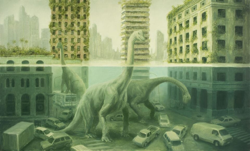 Three Brachiosauruses stand next to skyscrapers in an abandoned city, where water levels have risen above some structures