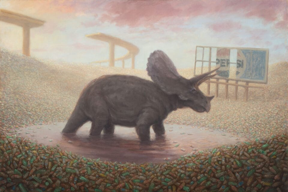 a landscape painting of a late capitalistic world with a decrepit billboard and crumbled highway in the background. a Triceratops stands uncomfortably in a pool of water surrounded by thousands of plastic bottles.