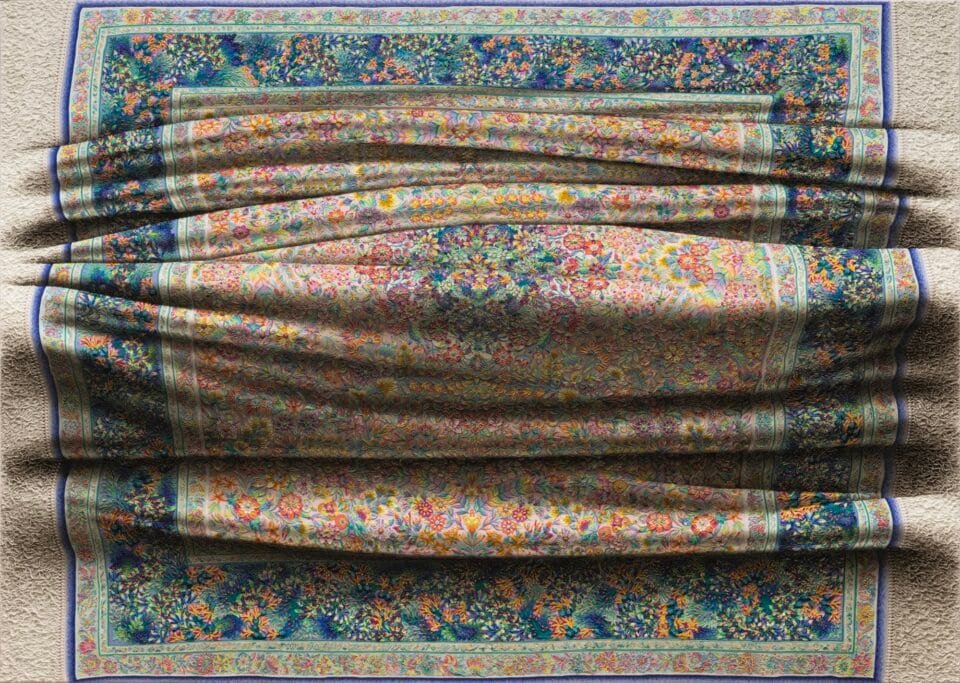 a hyperrealistic oil painting of a crinkled ornamental carpet