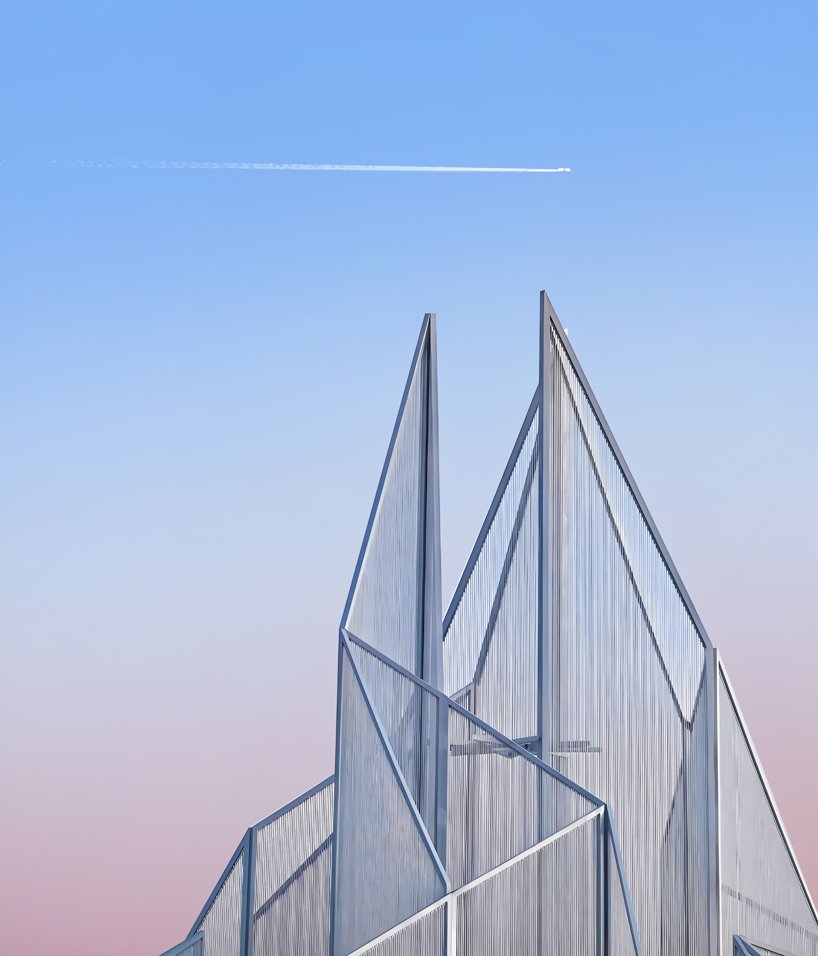 white flame installation's sharp geometry resembles ice crystals along lake in china