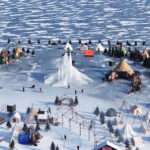 white flame installation's sharp geometry resembles ice crystals along lake in china