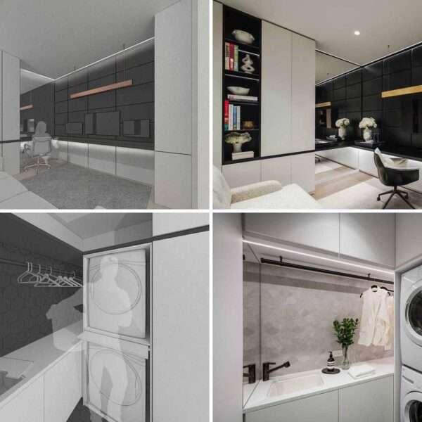 The interior design of a home office and laundry room.