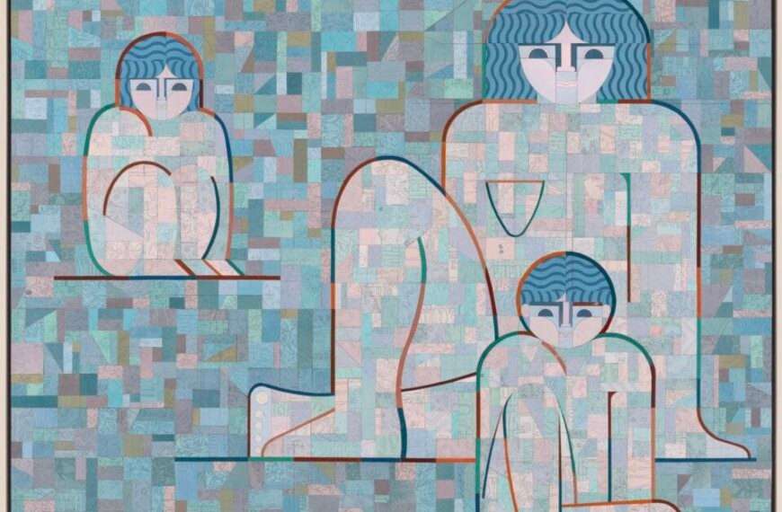 a painting of a woman and two children composed of abstract, patterned, geometric shapes, rendered overall in a light blue