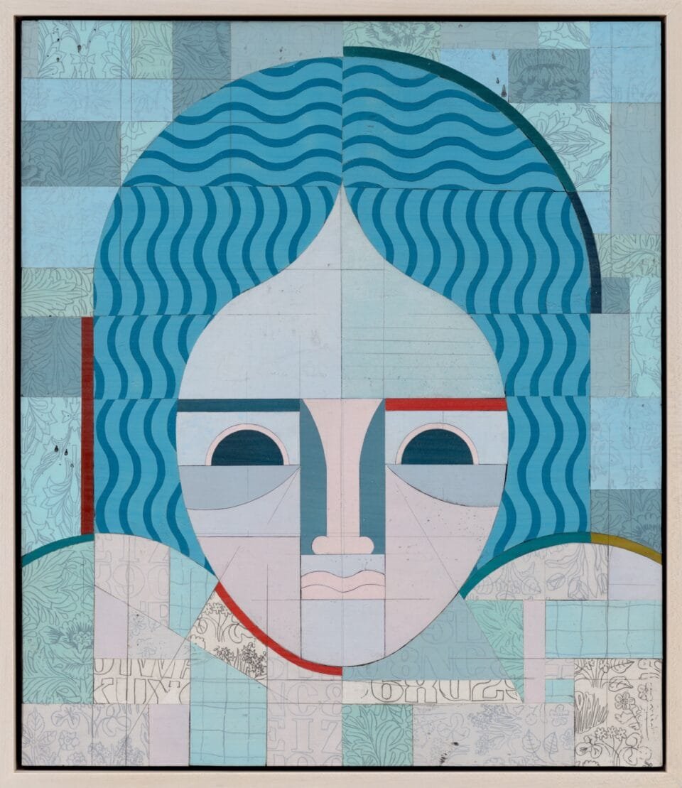 a painting of a woman's head with bold blue hair, composed of abstract, patterned, geometric shapes, rendered overall in a light blue hue